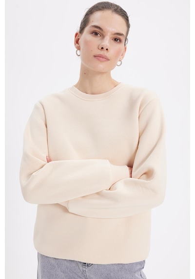 Tudors Kadın Oversize Geniş Kesim Pamuklu 3 İplik İçi Polarlı Basic Bej Bisiklet Yaka Sweatshirt-42065 Bej