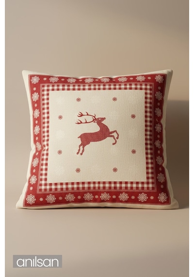 Geyik Desenli Çift Taraflı Kırlent Kılıfı - 45x45 Cm Yılbaşı Dekoratif Kırmızı - Beyaz