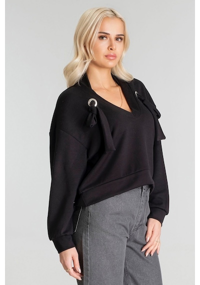 Kadın Modal Cupra Kumaş Kuşgözü Kordonlu Sweatshirt Siyah