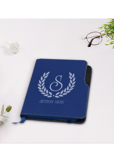 Kişiye Özel Çelenk Baş Harfli Isimli Lacivert Termo Deri Defter-3