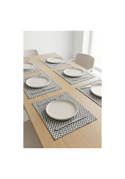 Yemek Masası Servis Altlığı 6 Kişilik Modern Zikzak Desen Dikdörtgen Kumaş Amerikan Servisi Beyaz