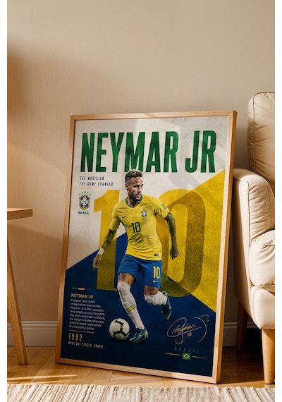 Neymar Brezilya Çerçeveli Tablo Premium Futbolcu Tabloları Lüks Salon Duvar Dekorasyonu Kayın