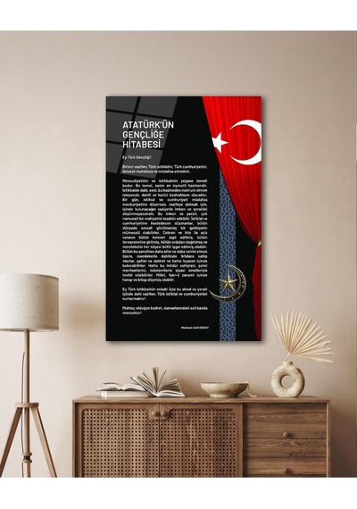 Atatürk'ün Gençliğe Hitabesi Cam Tablo Modern Ev Ofis Salon Hediyelik Büyük Tablo Duvar Dekoru
