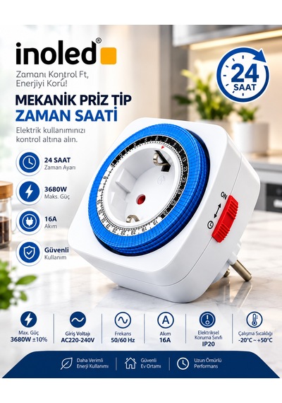 İnoled 3070 Mekanik Priz Tipi Zaman Saati 24 Saat Programlanabilir 16a 3680w