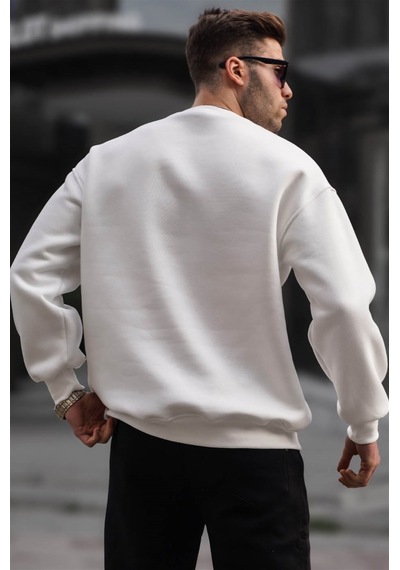 Madmext Ekru Bisiklet Yaka Oversize Şardonlu Basic Erkek Sweatshirt 6048-ekru Ekru