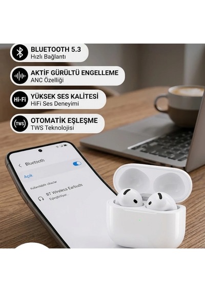 Tws Anc Kablosuz Bluetooth Kulaklık Beyaz Çift Telefon Destekli 00
