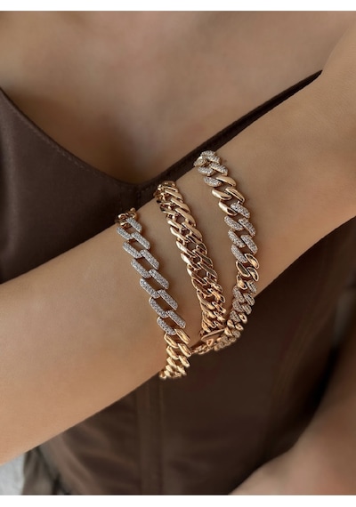 Kyver Taşlı Kalın Zincir Çelik Gurmet Bileklik Rose Gold