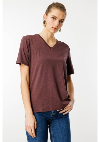 Kadın V Yaka Flamlı Kumaş Basic Tshirt Kahve Kahve
