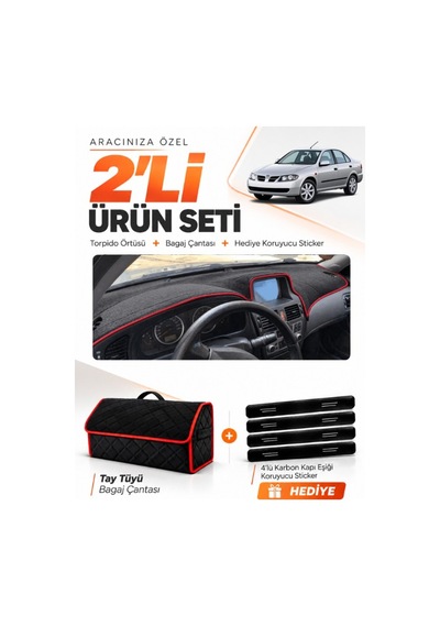 Nissan Almera Ekranlı 2000-2006 Uyumlu Torpido Örtüsü + Tay Tüyü Çanta Seti - Siyah Kırmızı