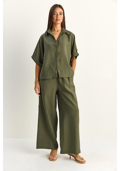 Shade Kadın Oversize Kısa Kol Gömlek Beli Lastikli Geniş Paça Pantolon Takım 7651 60286138 - Haki