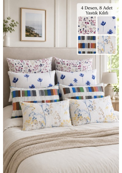 Formeya 8'li Desenli Yastık Kılıfı Seti 50x70 Cm 4 Farklı Desen, Her Desenden 2 Adet Çok Renkli
