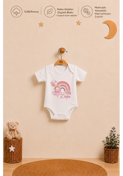 Pia Baby İsme Özel Kız Bebek Body Seti 2 Adet %100 Pamuk Organik Baskılı Çıtçıtlı Zıbın Bebek Hediyesi 2047b23x Ekru
