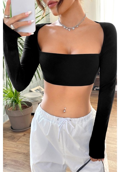Angbutik Kadın Siyah Uzun Kol Göğüs Ve Sırt Dekolteli Crop Top Bluz
