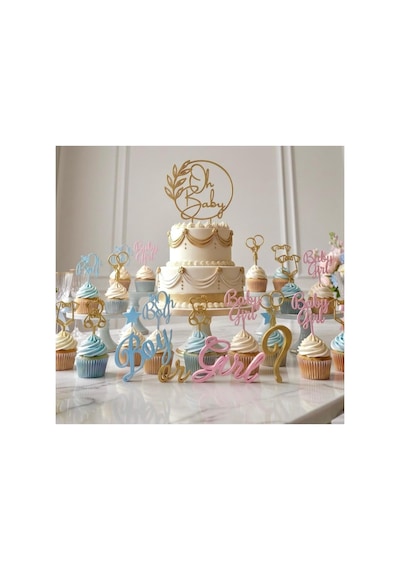 20 Parça Baby Shower Temalı Cinsiyet Belirleme Partisi Pasta Süsü Seti Dekoratif
