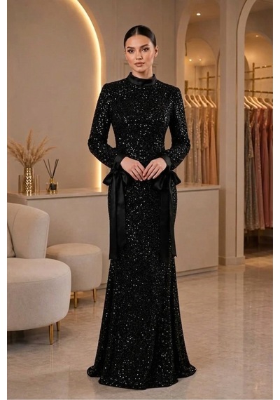 Dorne Moda Payetli Kemer Detaylı Uzun Kollu Balık Model Abiye Elbise Siyah Siyah
