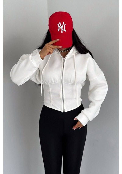 Kadın Siyah Fermuarlı Hoodie Minimal Sokak Ruhuyla Beyaz