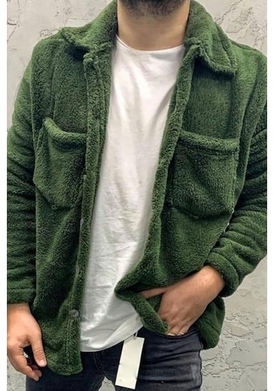 Unisex Haki Düğme Detaylı Cepli Peluş Ceket Haki