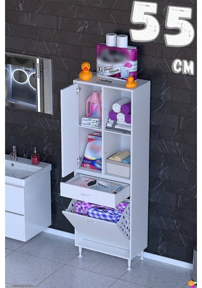 Afra 55 Cm 1 Gözlü Kirli Çamaşır Sepet, 1 Kapak Ve Çekmeceli 4 Raflı Çok Amaçlı Banyo Dolabı Beyaz Afra 55 Cm 1 Gözlü Kirli Çamaşır Sepet, 1 Kapak Ve Çekmeceli 4 Raflı Çok Amaçlı Banyo Dolabı Beyaz