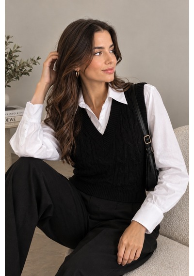 Youknitwear You Cameron %100 Pamuk V Yaka Kadın Süveter Siyah