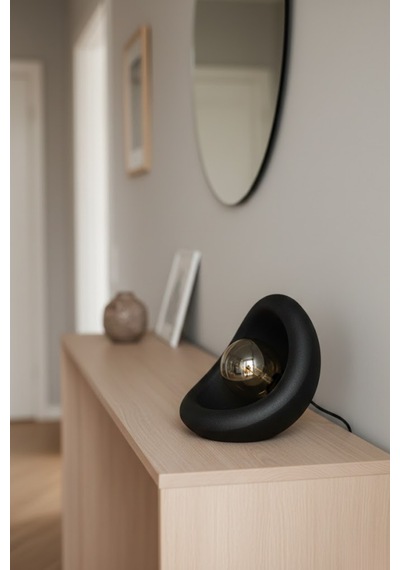 Modern Beton Dokulu Abajur Organik Oval Gece Lambası Masaüstü Komodin Lambası 25 Cm Siyah