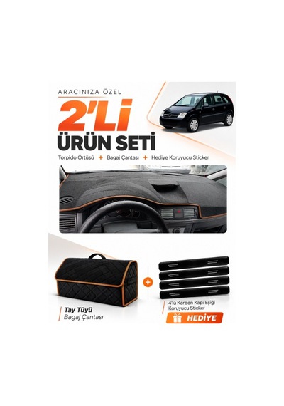 Opel Meriva A 2003-2010 Uyumlu Torpido Örtüsü + Tay Tüyü Çanta + Sticker - Siyah Kahverengi