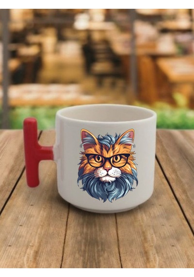 Bilgili Kedi Temalı Kahve Bardağı Kupa Bardak - Seramik Çay, Kahve Hediyelik Bardağı Beyaz