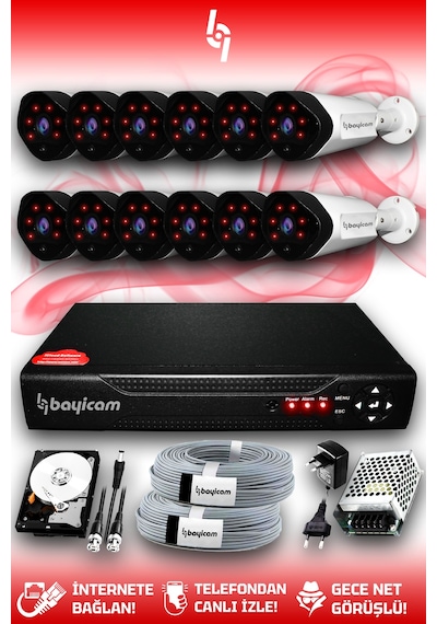 Bayicam 12 Kameralı Uzay 12 Dış Kamera Set 500 GB HDD Full HD Gece Görüşlü Güvenlik Kamerası Sistemi