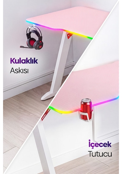 Thunder Rgb Aydınlatmalı Oyuncu Masası Pembe