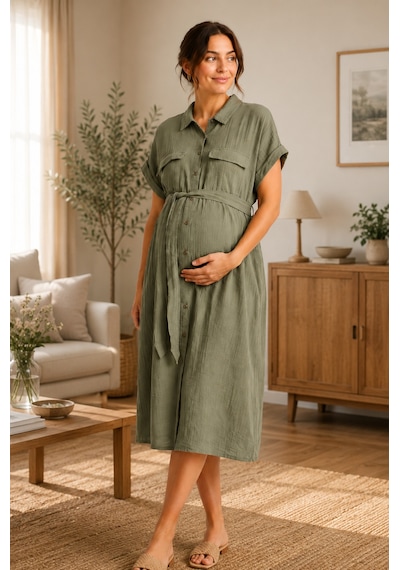 Luvmabelly Myra5860 Doğal Yumuşacık Müslin Kumaş - Yazlık Gömlek Hamile Elbise - Yeşil