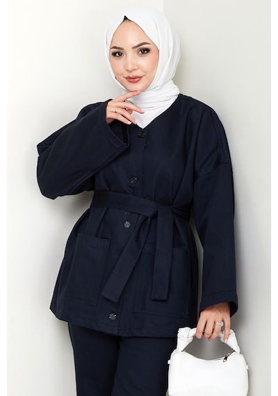 Bestenur Kemerli Ceket Pantolon Gabardin Takım 1557 - Lacivert Lacivert