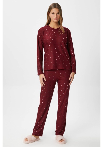 Ritnice Kadın Ely Premium Bisiklet Yaka Bordo Kalp Süet Doku Yılbaşı Pijama Takımı Bordo