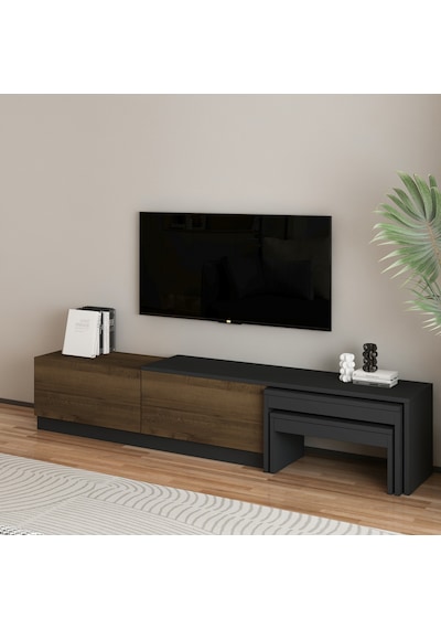 Nest Tv Sehpası Modern Tasarım,2 Kapaklı Depolama Ve İkili Zigon Sehpa İle Fonksiyonel Mobilya Antrasit - Ceviz Nest Tv Sehpası Modern Tasarım,2 Kapaklı Depolama Ve İkili Zigon Sehpa İle Fonksiyonel Mobilya Antrasit - Ceviz