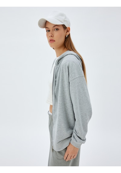 Koton Uzun Kollu Üç İplik Pamuklu Fermuarlı Kapşonlu Sweatshirt Gri 5wak10225ek Gri