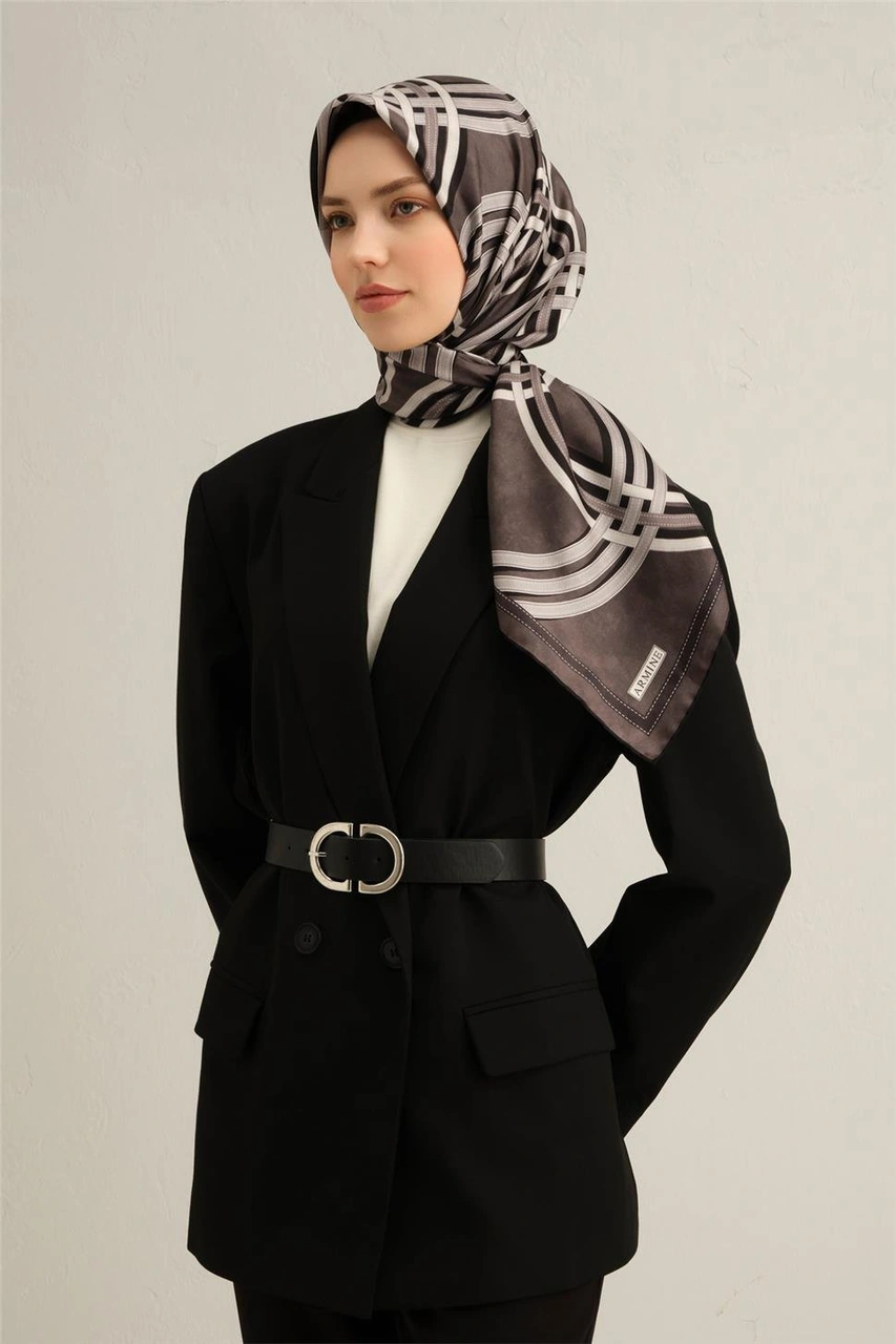 Armine Klasik Desenli Saf İpek Twill Eşarp 9333d 85 Füme