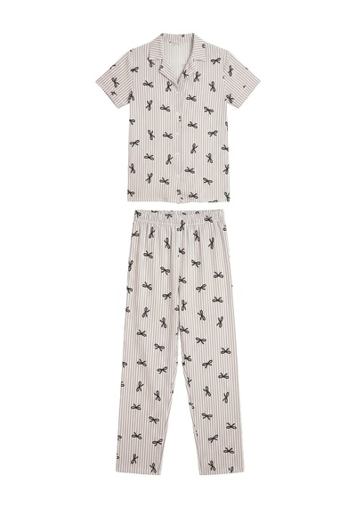Cottonhill Gri Çizgi Desenli Yumuşak Dokulu Gömlek Yaka Kadın Pijama Takımı