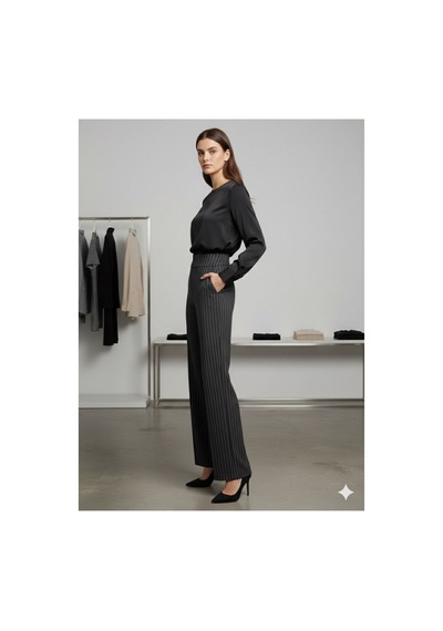 Rouge Basıc Bel Korsaj Çizgili Palazzo Pantalon Siyah