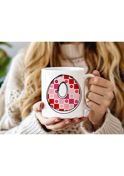 O Harfi Pembe Kareli Kalpli Göz Emojili Kupa Bardak Eğlenceli Kareli Tasarım Kahve Çay Kupası 07 Beyaz