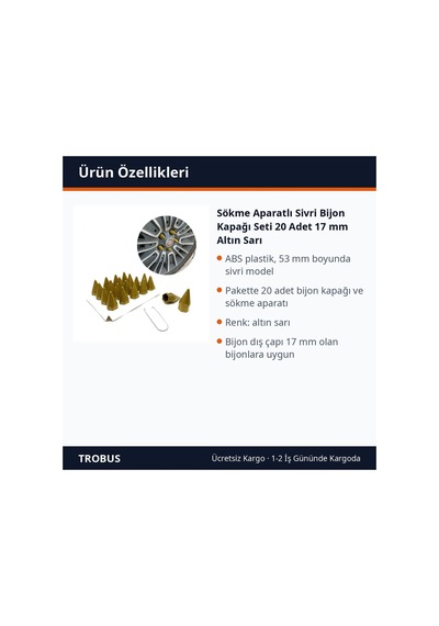 Trobus Sökme Aparatlı Sivri Bijon Kapağı Seti 20 Adet 17 Mm Altın Sarı