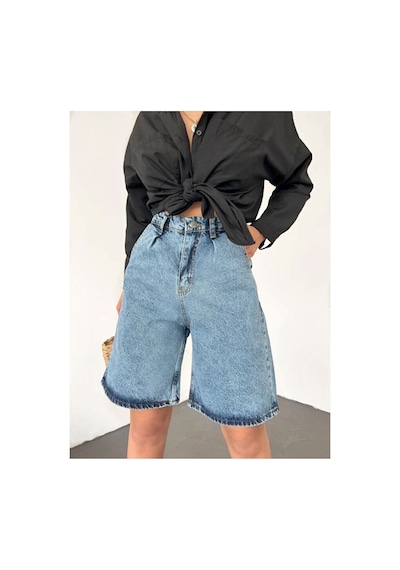 Nido Moda Kadın Yüksek Bel Geniş Paça Denim Şort Mavi