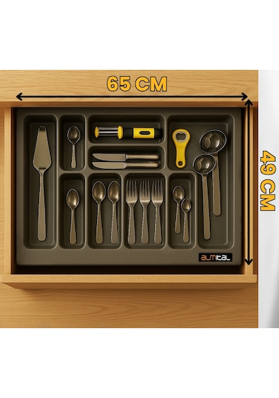 65x49 Cm Antrasit Antibakteriyel Kaşıklık, 60x40 Cm'e Kadar Kesilebilir, Çekmece İçi Kaşıklık Antrasit - Gri
