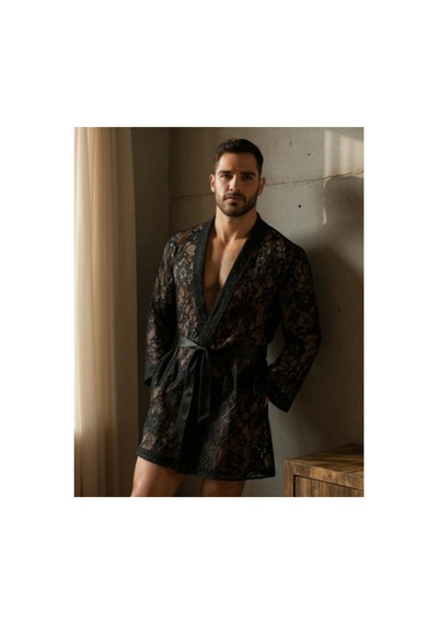 Qmen Style Erkek Dantelli Kimono Ve Sabahlık Siyah