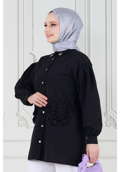 Sevitli Önü Gül Detaylı Tunik-siyah-3629-siyah Siyah
