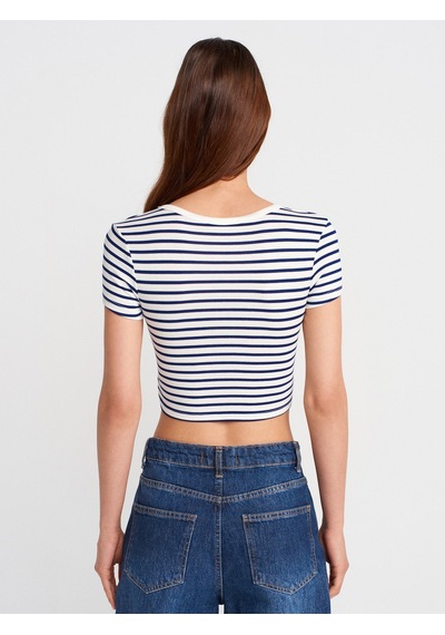 Dilvin 31889 Çizgili Crop Top-ekru-laci Ekru-laci