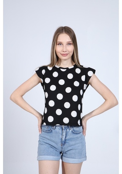 Neslice Kadın Puantiyeli Vatkalı T-Shirt Siyah