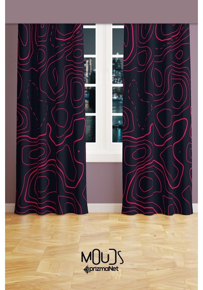 Wave Fuchsia Desenli Süet Oturma Odası Salon Fon Perde Ekstrafor Büzgü 2 Kanat Prd-1097 Çok Renkli