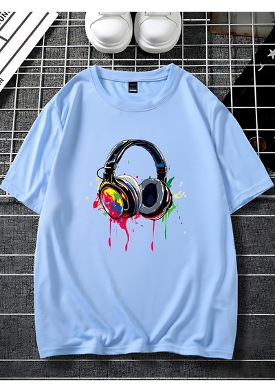 Kulaklık T-shirt - Baskılı Oversize Bisiklet Yaka Kısa Kol Tişört Bebe Mavisi