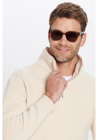 Tudors Unisex Relax Fit Rahat Kesim Pamuklu İçi Polarlı Yarım Fermuarlı Ekru Dik Yaka Sweatshirt-31453 Ekru