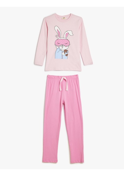 Koton Pijama Takımı Tavşan Baskılı Uzun Kollu Pamuklu Pembe 5wlk40017mk Gülkurusu