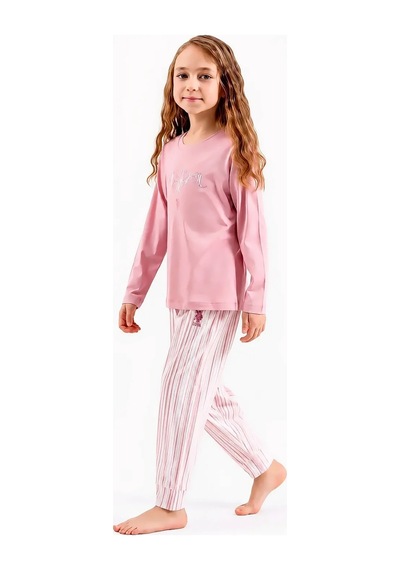U.S. Polo Assn. Çizgili Uzun Kollu Kız Çocuk Pijama Takımı Gül Kurusu