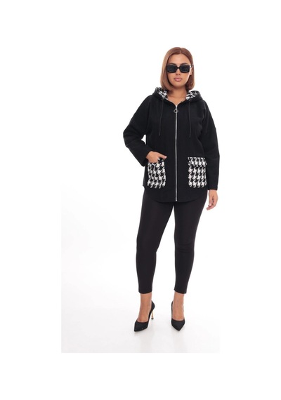 Lady Majestic Büyük Beden Kapüşonlu Fermuarlı Sweatshirt Hırka 44-58 Beden Siyah